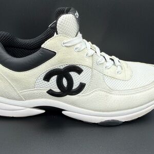 CHANEL White and Black High-Top Sneakers